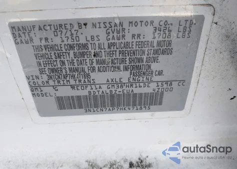 2017 Nissan Versa 1.6 Sv z USA, uszkodzony, nr VIN 3N1CN7AP7HK471895